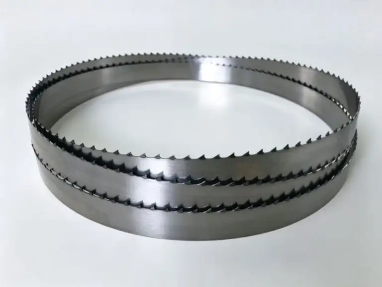 A coil of welded food cutting band saw blade ready for meat and bone processing